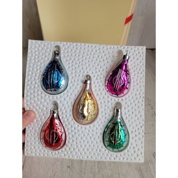 Vintage teardrop rainbow blown glass ornament Xmas set - Picture 2 of 8